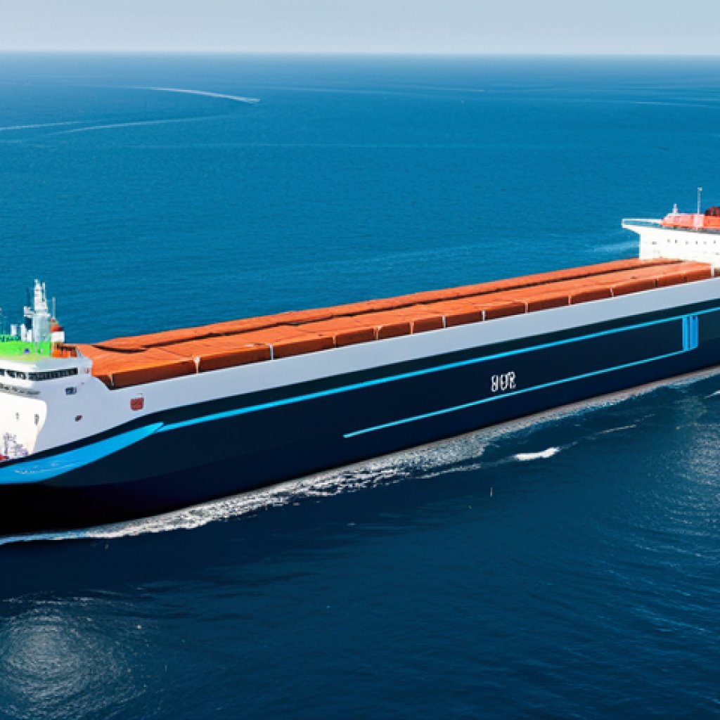 A futuristic, sleek hydrogen-powered cargo ship, elegantly navigating a calm, pristine azure ocean under a clear sky. The ship's design is advanced and eco-friendly, showcasing zero emissions technology. In the background, a modern port with state-of-the-art hydrogen bunkering infrastructure is subtly visible. Perfect anatomy, correct proportions, natural pose, well-formed hands, proper finger count, natural body proportions. Professional photography, high-resolution, sharp focus, vibrant colors, futuristic maritime concept. safe for work, appropriate content, fully clothed, modest, professional, family-friendly.