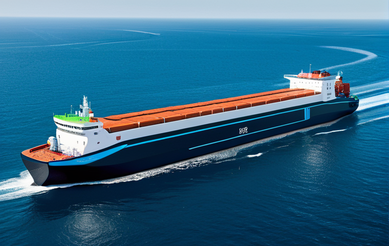 A futuristic, sleek hydrogen-powered cargo ship, elegantly navigating a calm, pristine azure ocean under a clear sky. The ship's design is advanced and eco-friendly, showcasing zero emissions technology. In the background, a modern port with state-of-the-art hydrogen bunkering infrastructure is subtly visible. Perfect anatomy, correct proportions, natural pose, well-formed hands, proper finger count, natural body proportions. Professional photography, high-resolution, sharp focus, vibrant colors, futuristic maritime concept. safe for work, appropriate content, fully clothed, modest, professional, family-friendly.