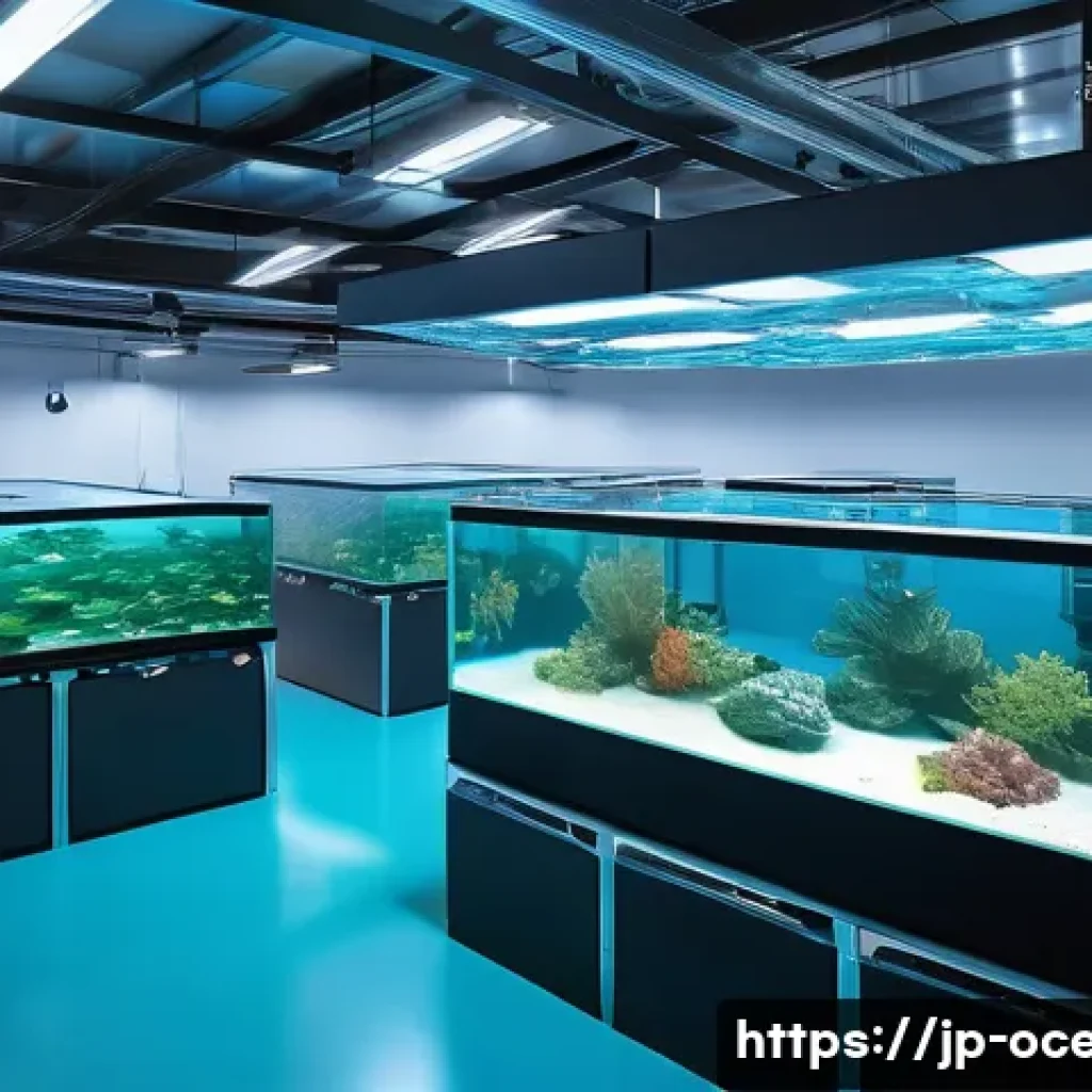 해양 기술 스타트업 - **Sustainable Land-Based Aquaculture Facility:** A bright, ultra-modern land-based aquaculture facil...