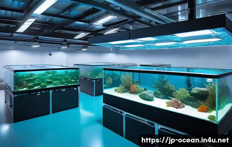 해양 기술 스타트업 - **Sustainable Land-Based Aquaculture Facility:** A bright, ultra-modern land-based aquaculture facil...