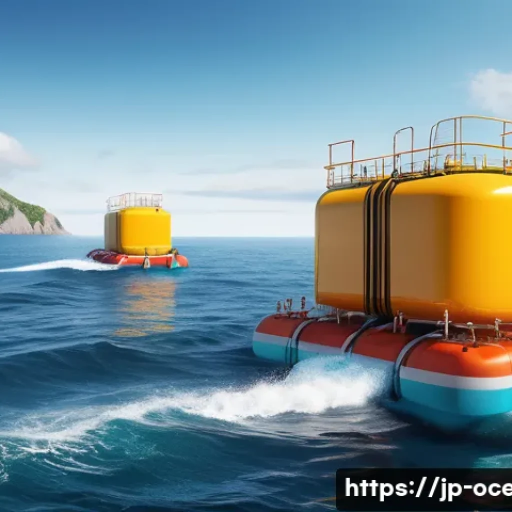 해양 에너지 발전소 - A detailed coastal scene showing a modern wave energy power plant with large floating buoys and vert...