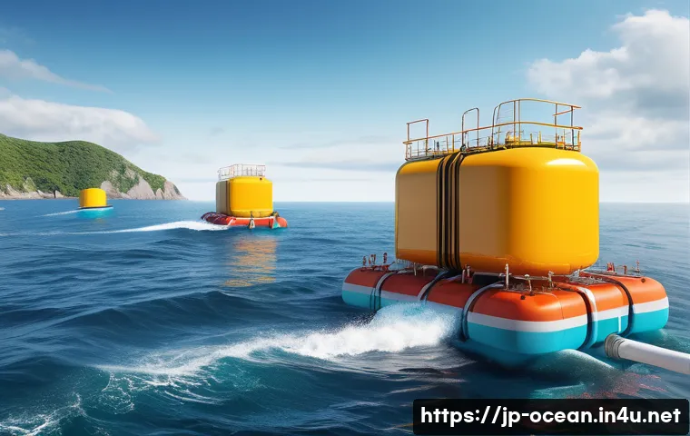 해양 에너지 발전소 - A detailed coastal scene showing a modern wave energy power plant with large floating buoys and vert...