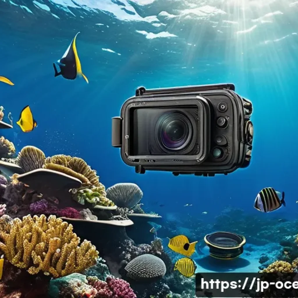수중 영상 촬영 기술 - Underwater photography scene featuring a lightweight, durable camera with a waterproof housing case,...