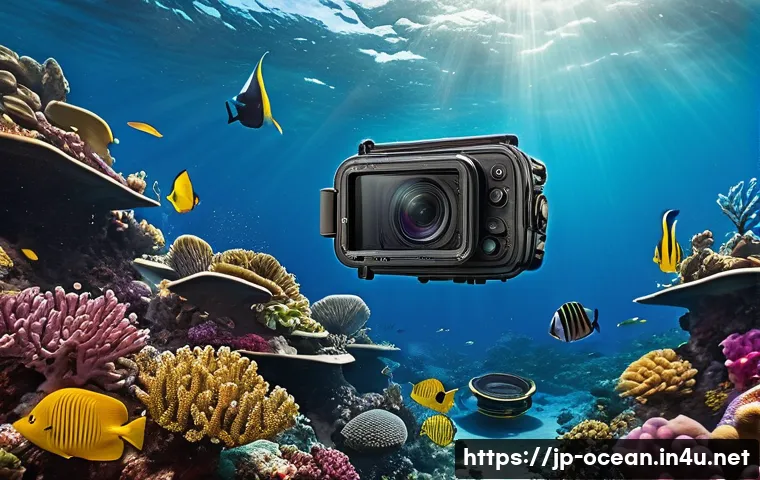 수중 영상 촬영 기술 - Underwater photography scene featuring a lightweight, durable camera with a waterproof housing case,...