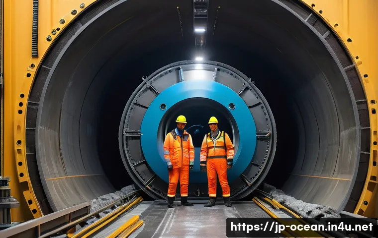 수중 터널 건설 기술 - An ultra-modern underwater tunnel construction site featuring a large, advanced shield tunneling mac...