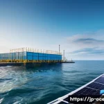 해양 수소 에너지 기술 - A futuristic coastal hydrogen energy research facility at sunrise in Japan, featuring advanced seawa...