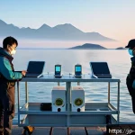해양 환경 모니터링 - A futuristic coastal research station at dawn, equipped with ultra-sensitive IoT sensors measuring w...