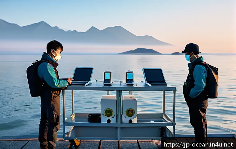 해양 환경 모니터링 - A futuristic coastal research station at dawn, equipped with ultra-sensitive IoT sensors measuring w...