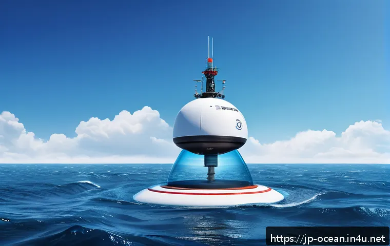 해양기상 예측 기술 - A futuristic ocean research scene featuring advanced sensor technologies: a sleek autonomous buoy fl...