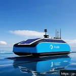 해양 오염 제거 기술 - A sleek, solar-powered autonomous ocean cleanup robot patrolling a vast, shimmering sea under a brig...