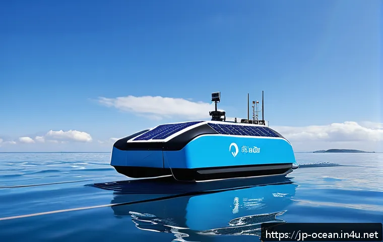 해양 오염 제거 기술 - A sleek, solar-powered autonomous ocean cleanup robot patrolling a vast, shimmering sea under a brig...