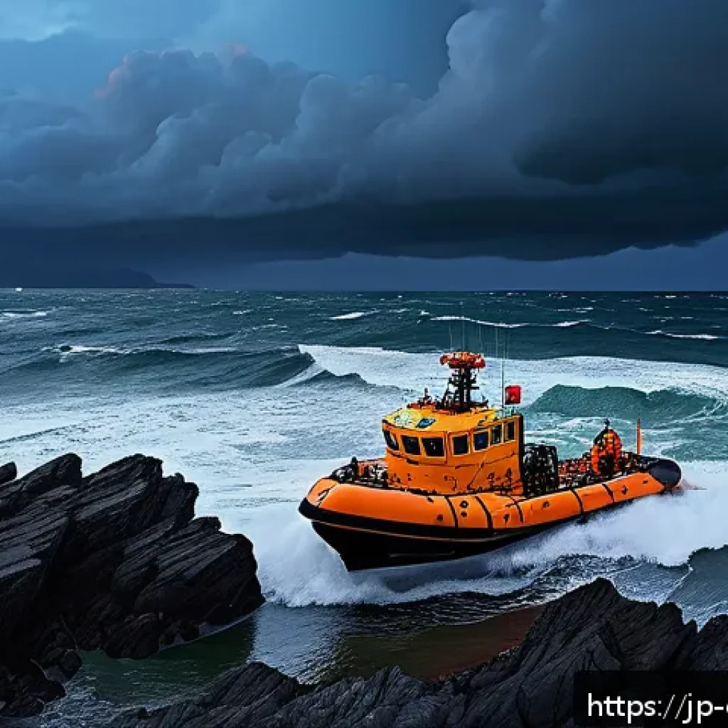 선박 사고 구조 시스템 - A high-tech maritime rescue scene at dusk featuring a drone equipped with infrared cameras flying ov...