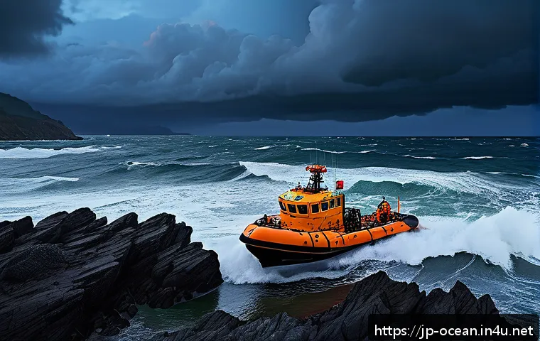 선박 사고 구조 시스템 - A high-tech maritime rescue scene at dusk featuring a drone equipped with infrared cameras flying ov...
