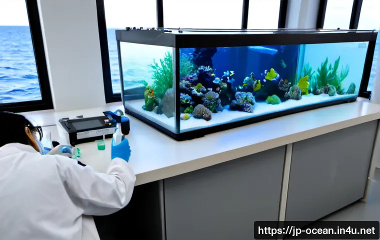 해양 과학 실험 장비 - Photorealistic marine science laboratory bench beside a large aquarium tank, ocean water sampling bo...