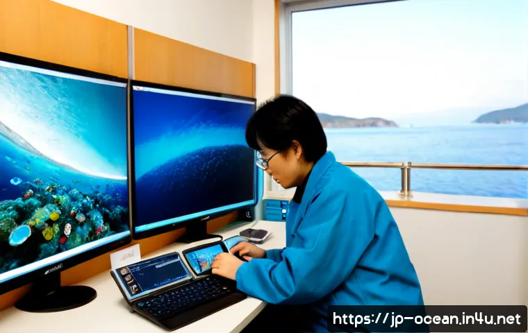 해양 연구 데이터 관리 - Photorealistic marine research data management scene, Japanese oceanographic laboratory with a middl...
