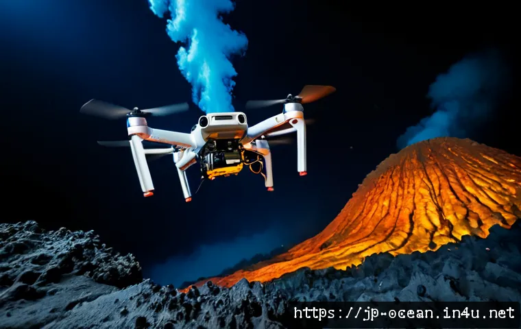 심해 연구 드론 - Photorealistic deep-sea research drone hovering above a vibrant hydrothermal vent field, rugged tita...