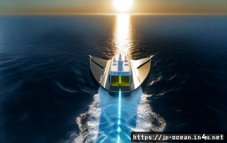 해양 기술의 글로벌 트렌드 - Photorealistic wide-angle view of a modern autonomous electric research vessel sailing across calm b...